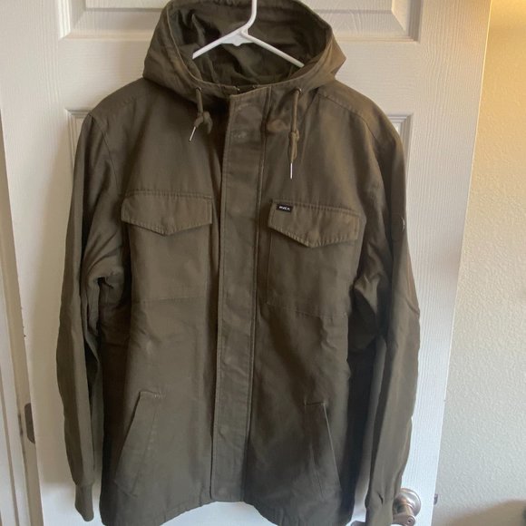 RVCA Canvas Fleece Hooded Jacket Army Green Mens Size Medium - Picture 1 of 10